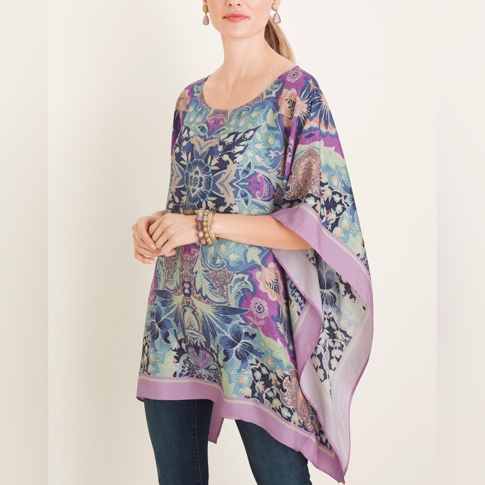 Chico’s Medallion Poncho Kaftan Popover Pastels Pink Blue Size-Large/X-Large